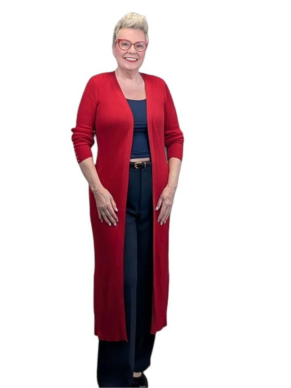 Nygard Red Long Ribbed Open Front Duster Cardigan Size Medium